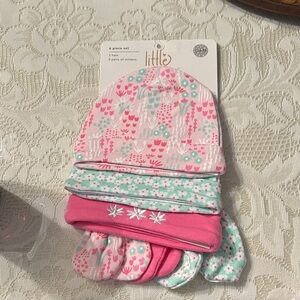 Pink and Green Beanie and Mittens Set